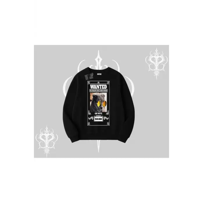 Wanted Temalı Kedi Baskılı Biskilet Sweatshirt