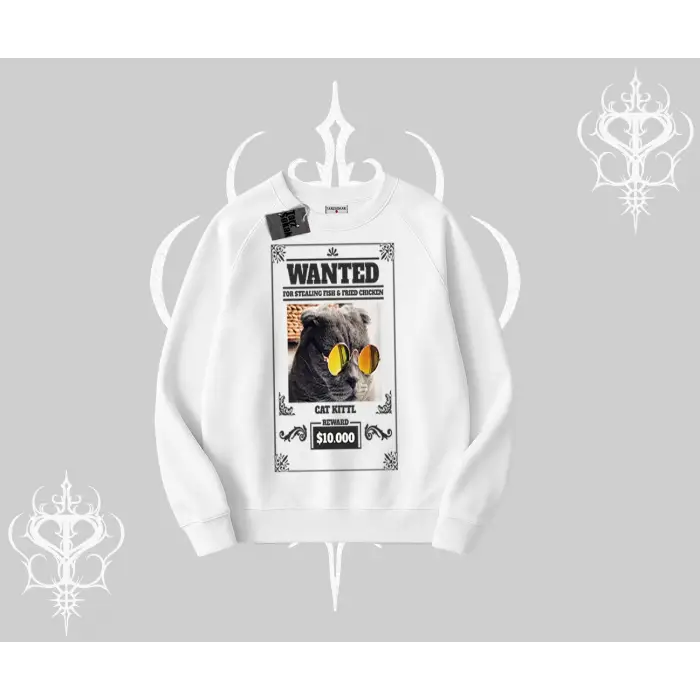 Wanted Temalı Kedi Baskılı Biskilet Sweatshirt