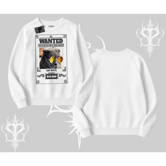 Wanted Temalı Kedi Baskılı Biskilet Sweatshirt