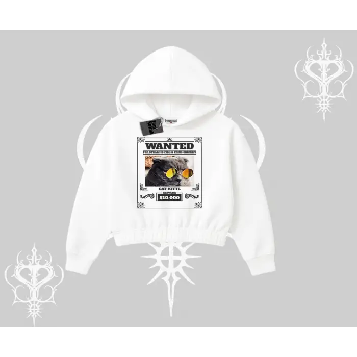 Wanted Temalı Kedi Baskılı Kapşonlu Crop Sweatshirt