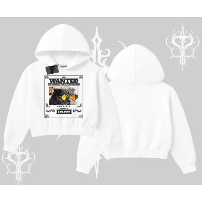 Wanted Temalı Kedi Baskılı Kapşonlu Crop Sweatshirt