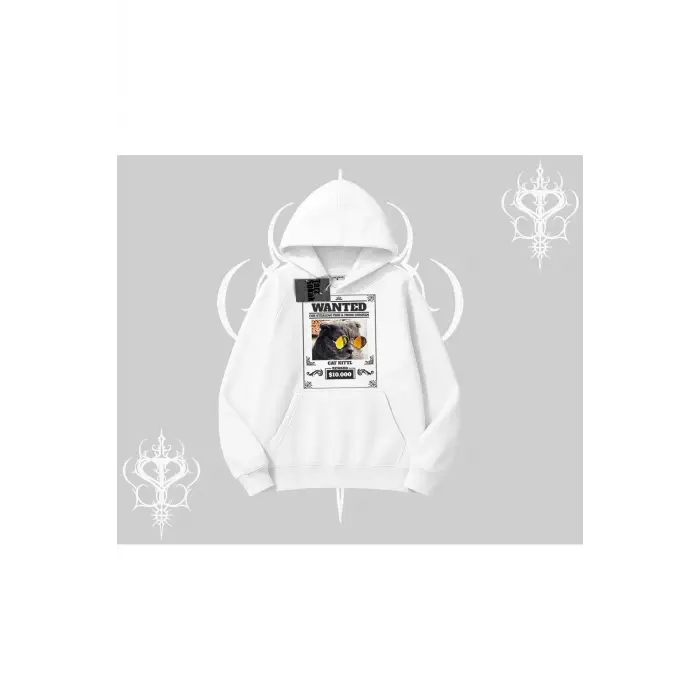 Wanted Temalı Kedi Baskılı Kapşonlu Sweatshirt