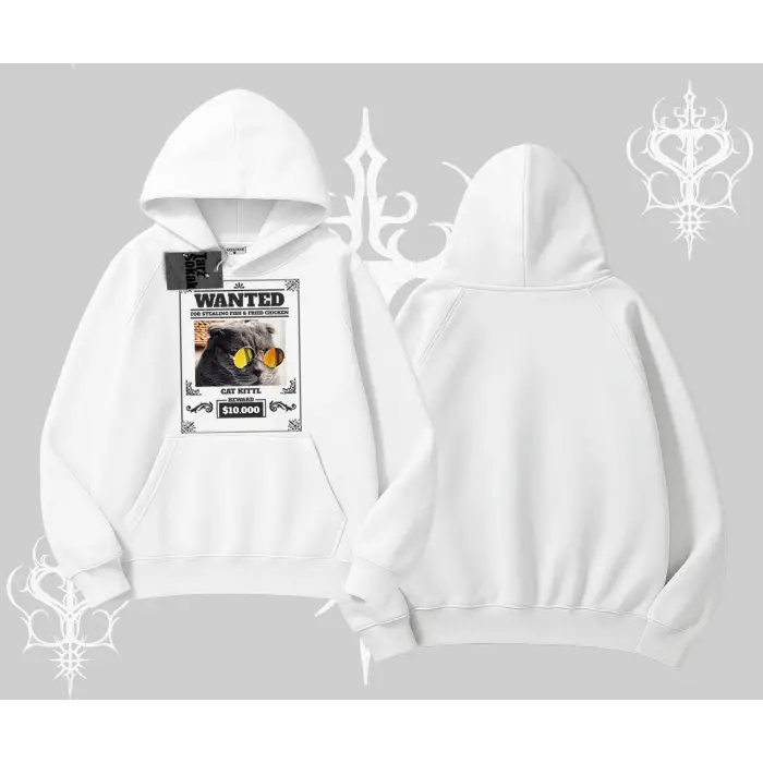 Wanted Temalı Kedi Baskılı Kapşonlu Sweatshirt