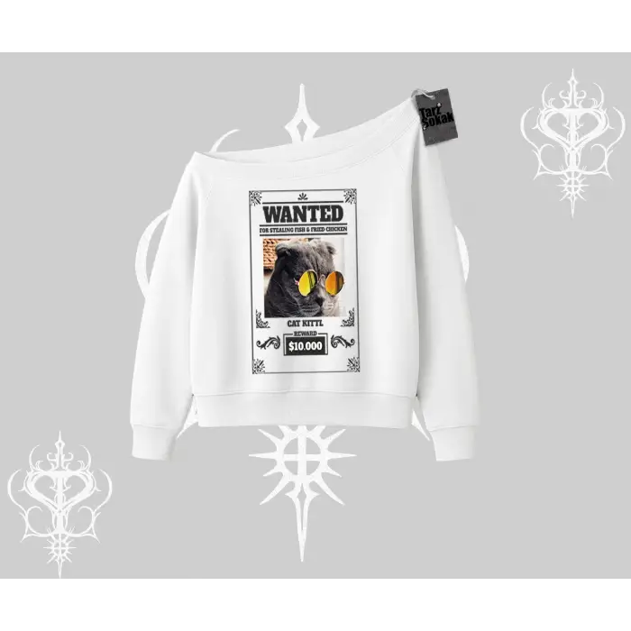 Wanted Temalı Kedi Baskılı Kayık Yaka Sweatshirt