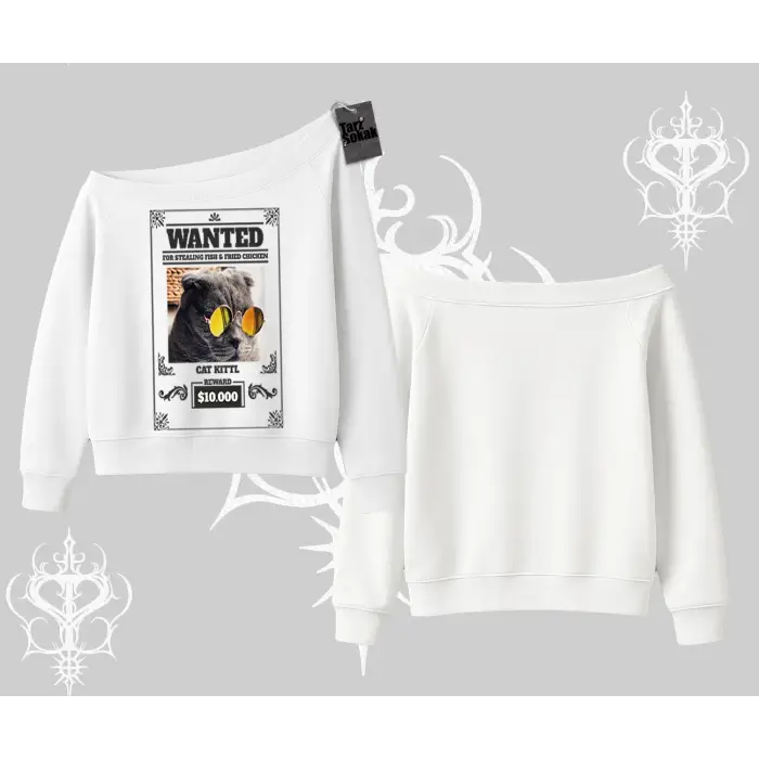 Wanted Temalı Kedi Baskılı Kayık Yaka Sweatshirt