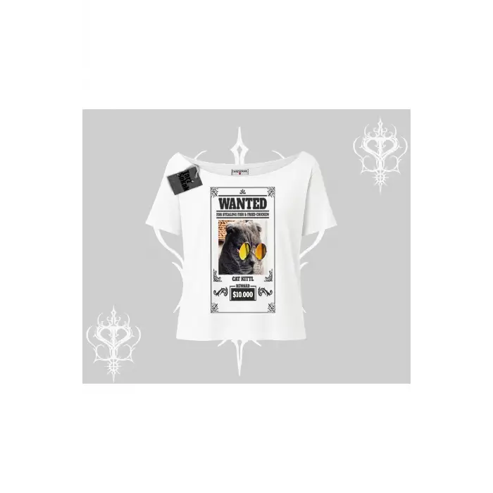 Wanted Temalı Kedi Baskılı Kayık Yaka Tshirt