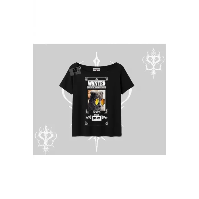 Wanted Temalı Kedi Baskılı Kayık Yaka Tshirt