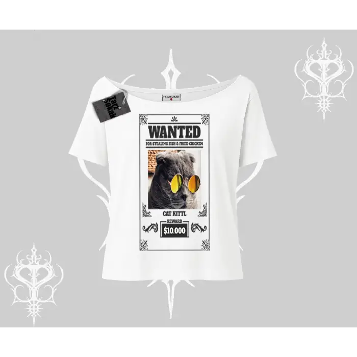 Wanted Temalı Kedi Baskılı Kayık Yaka Tshirt
