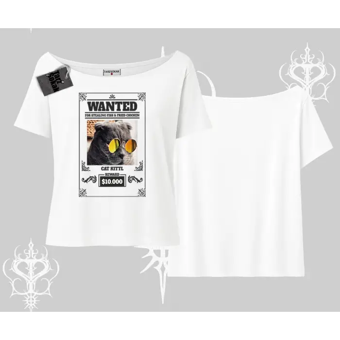 Wanted Temalı Kedi Baskılı Kayık Yaka Tshirt