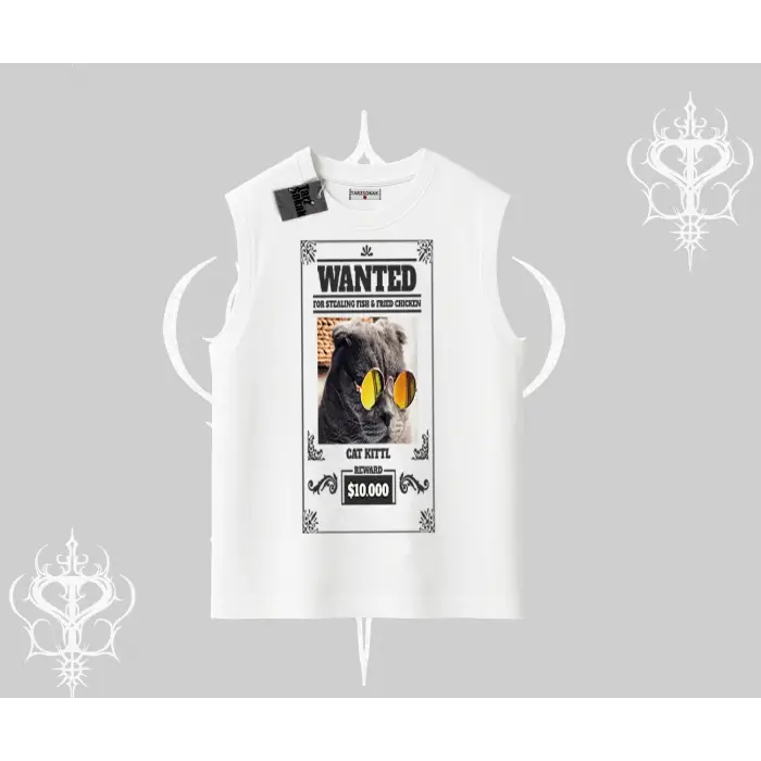 Wanted Temalı Kedi Baskılı Kolsuz Tshirt