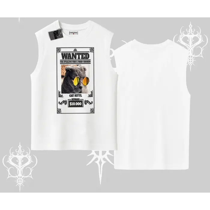 Wanted Temalı Kedi Baskılı Kolsuz Tshirt