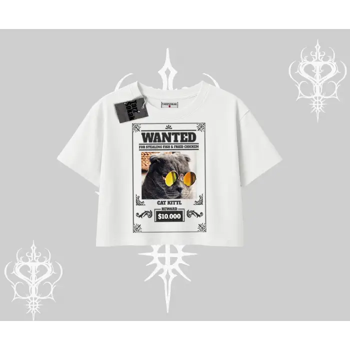 Wanted Temalı Kedi Baskılı Oversize Crop Tshirt