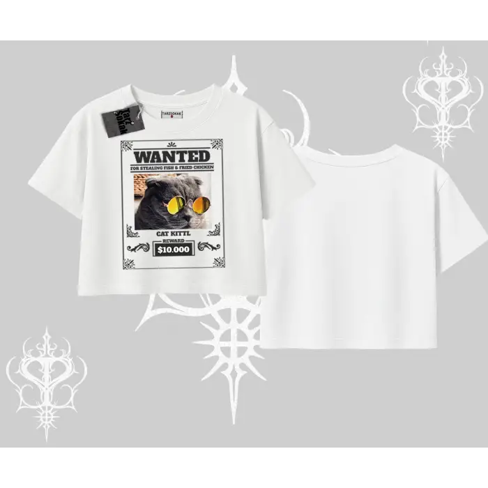 Wanted Temalı Kedi Baskılı Oversize Crop Tshirt