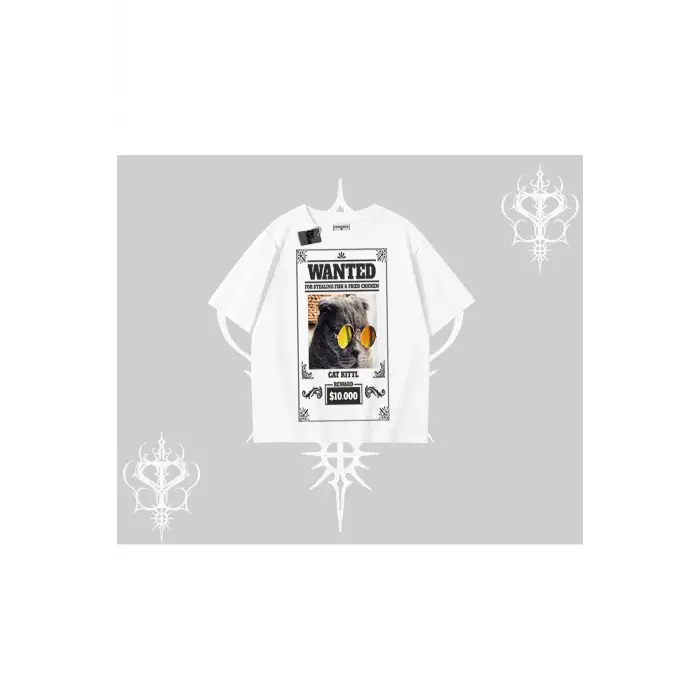 Wanted Temalı Kedi Baskılı Oversize Tshirt