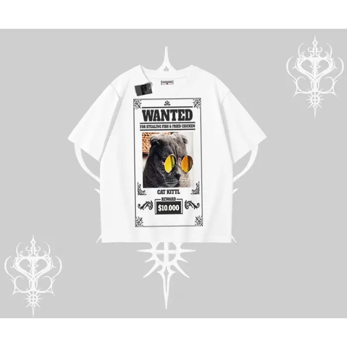Wanted Temalı Kedi Baskılı Oversize Tshirt
