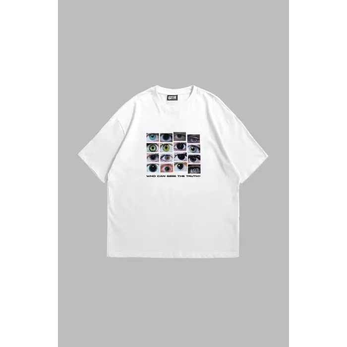 Who Can See Baskılı Oversize Unisex Beyaz