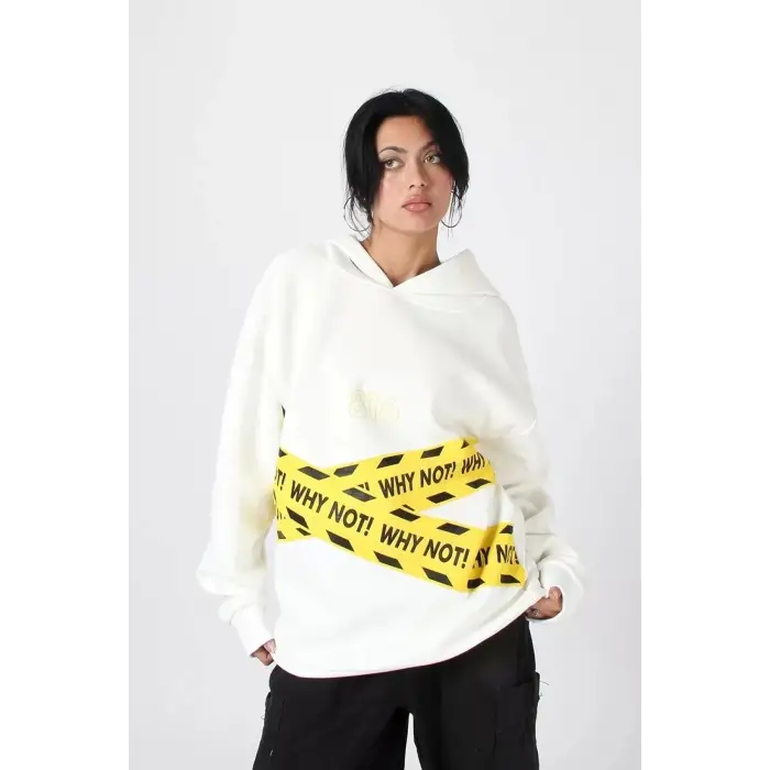 Why Not Baskılı Beyaz Oversize Unisex Kapüşonlu