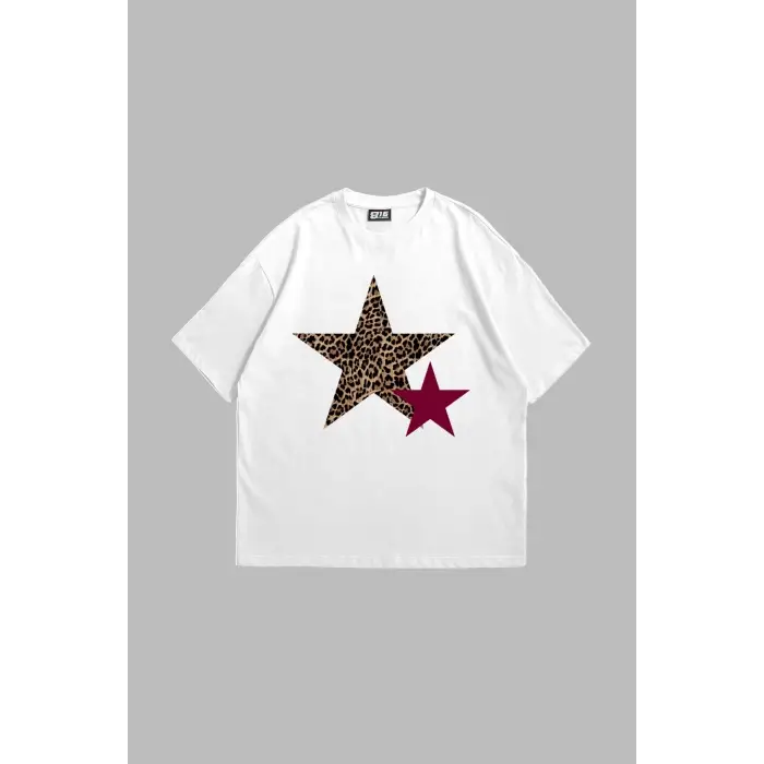 Y2k Leopar Starz Baskılı Oversize Unisex Beyaz