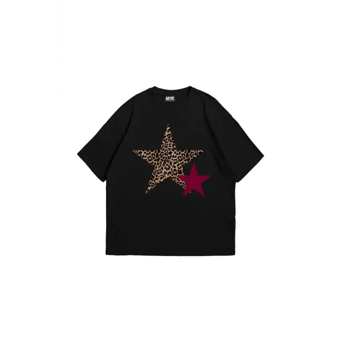 Y2k Leopar Starz Baskılı Oversize Unisex Siyah