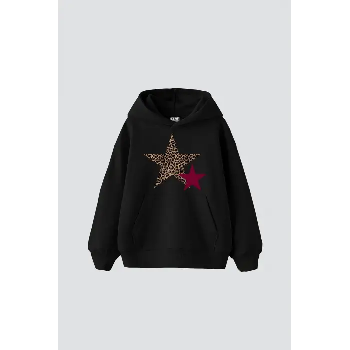 Y2k Leopar Starz Baskılı Oversize Unisex Siyah
