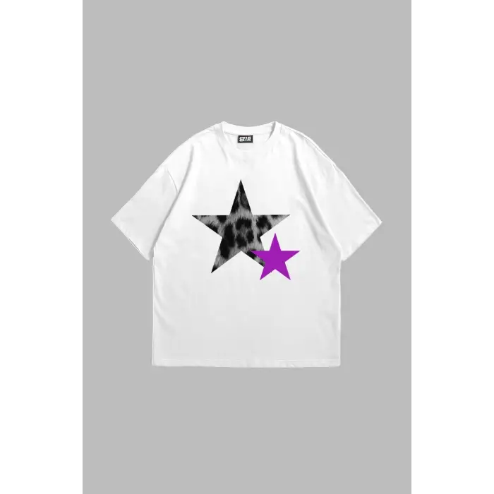 Y2k Leopar Starz V2 Baskılı Oversize Unisex Beyaz