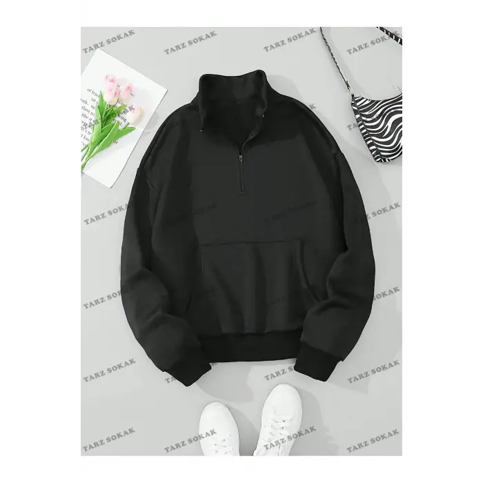 Y2K Yarım Fermuarlı Bay Sweatshirt Siyah