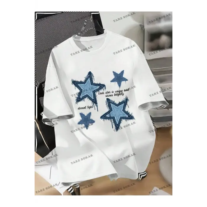 Yıldız Baskılı Oversize Kalıp Unisex T-shirt