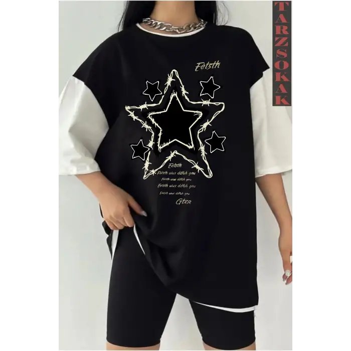 YILDIZ BASKILI Siyah Oversize Çift Renk