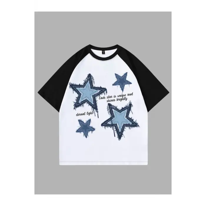 YILDIZ DESENLİ BASKILI ÇİFT RENK T SHIRT