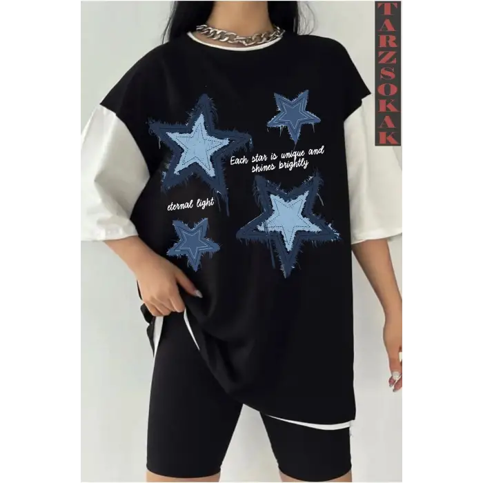 YILDIZ DESENLİ Siyah Oversize Çift Renk