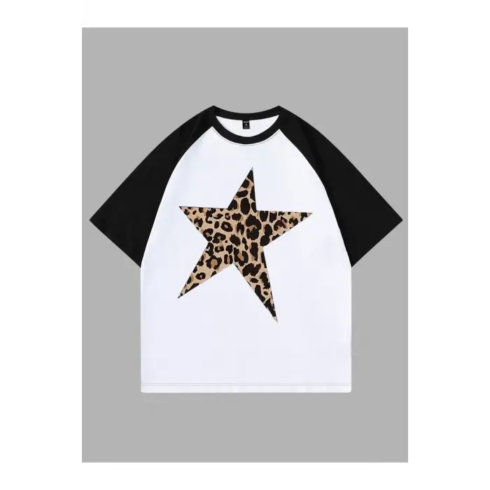 YILDIZ LEOPAR BASKILI ÇİFT RENK T SHIRT