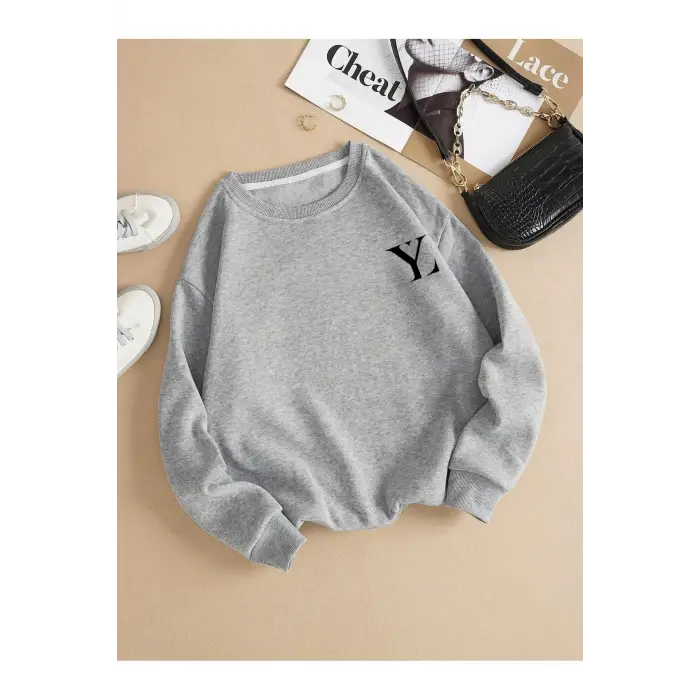YL Özel Baskılı Renkli Oversize Bisiklet Yaka Pamuklu Sweatshirt Gri