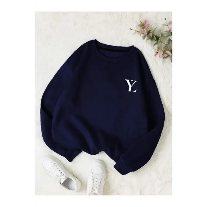 YL Özel Baskılı Renkli Oversize Bisiklet Yaka Pamuklu Sweatshirt Lacivert