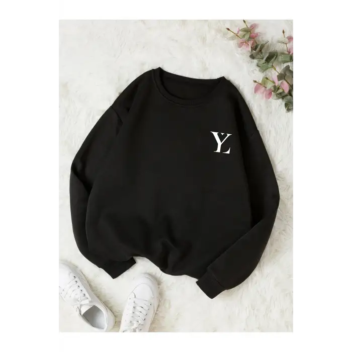 YL Özel Baskılı Renkli Oversize Bisiklet Yaka Pamuklu Sweatshirt Siyah