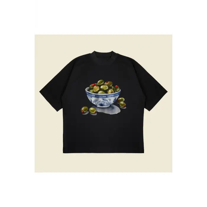 Zeytin Vintage Baskılı Oversize Unisex Pamuklu Nefes Alan Kalın Kumaşlı
