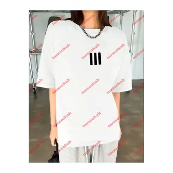 3 Çizgi Baskılı Beyaz Erkek Tshirt Beyaz