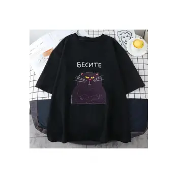 Siyah Şişman kedi Kawaii leri бесие Russian rus komut grafik Tee-gömlek sevimli baskı Tees Ro