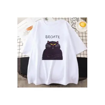 Beyaz Şişman kedi Kawaii leri бесие Russian rus komut grafik Tee-gömlek sevimli baskı Tees Ro