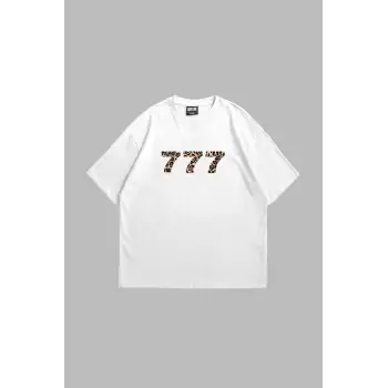 777 Leopar Baskılı Oversize Unisex Premium Beyaz