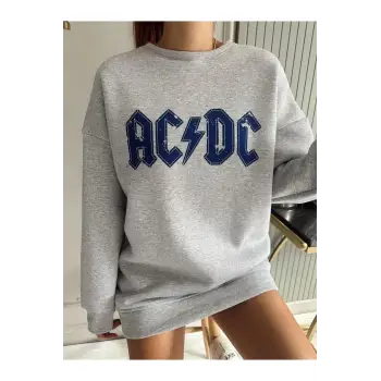ACDC Renkli Oversize Bisiklet Yaka Pamuklu Sweatshirt Gri