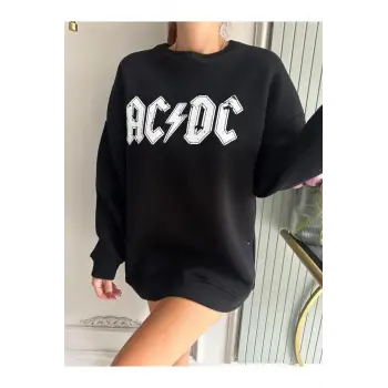 ACDC Renkli Oversize Bisiklet Yaka Pamuklu Sweatshirt Siyah