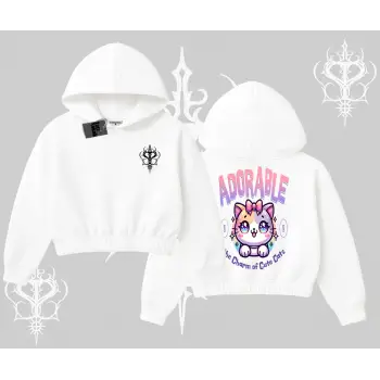 Adorable Kawaii Kedi Arka Baskılı Kapşonlu Crop Sweatshirt