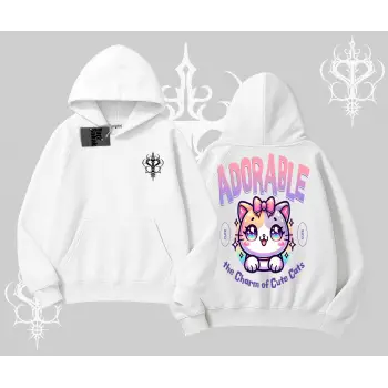 Adorable Kawaii Kedi Arka Baskılı Kapşonlu Sweatshirt