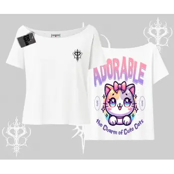 Adorable Kawaii Kedi Arka Baskılı Kayık Yaka Tshirt