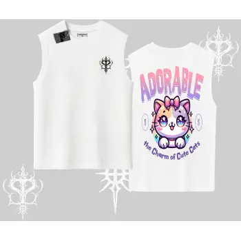 Adorable Kawaii Kedi Arka Baskılı Kolsuz Tshirt