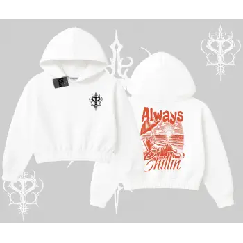 Always Chillin Kedi Arka Baskılı Kapşonlu Crop Sweatshirt
