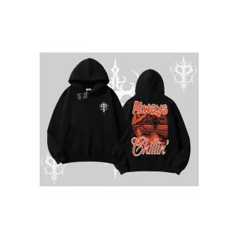 Always Chillin Kedi Arka Baskılı Kapşonlu Sweatshirt