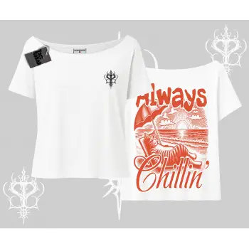Always Chillin Kedi Arka Baskılı Kayık Yaka Tshirt