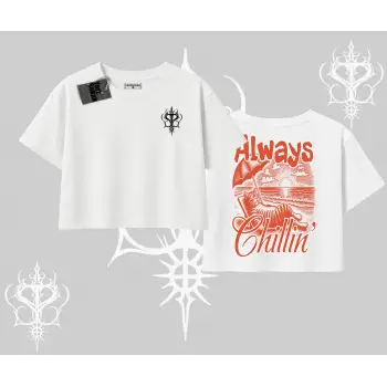 Always Chillin Kedi Arka Baskılı Oversize Crop Tshirt