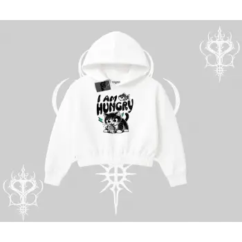 Am Hungry Kedi Baskılı Kapşonlu Crop Sweatshirt